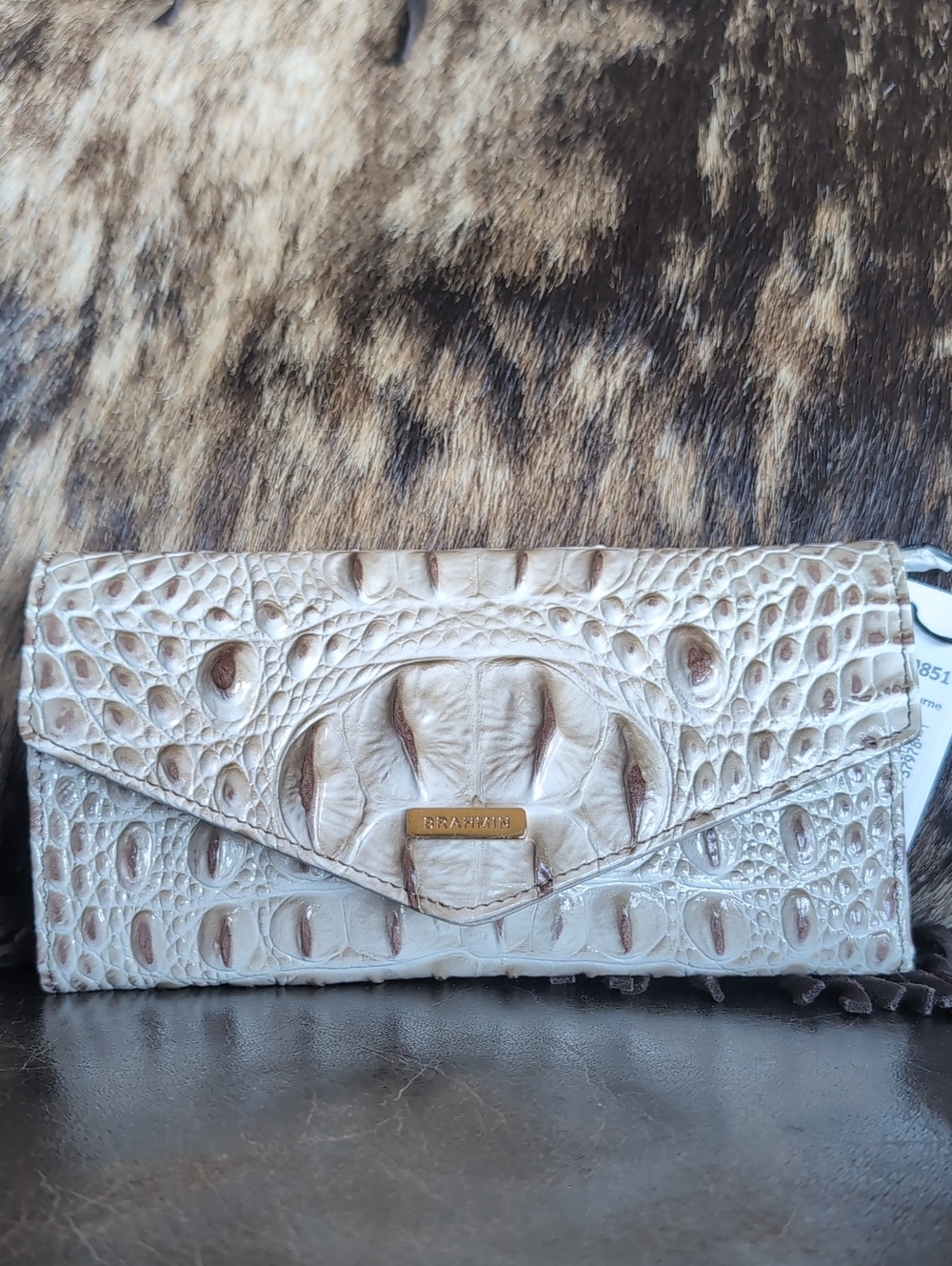 BRAHMIN Veronica Oyster Gray Melbourne Trifold Leather Wallet- Taupe Accent NWT